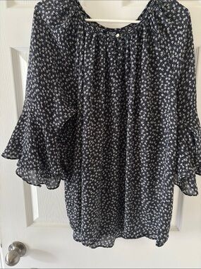 Chaps Navy and White Floral Ruffle-Sleeve Blouse